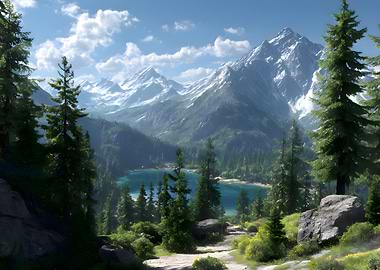 Mountain Lake Landscape with Pine Trees