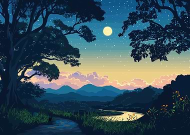 Night Landscape with Moon and River