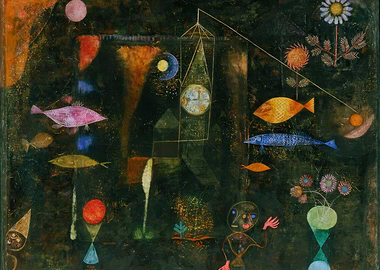 Abstract painting with fish and figures, paul klee paintings
