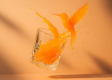 Orange Juice Hummingbird Splash in Mid Air Crystal Glass