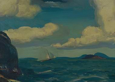 Seascape Painting with Sailboat and Clouds