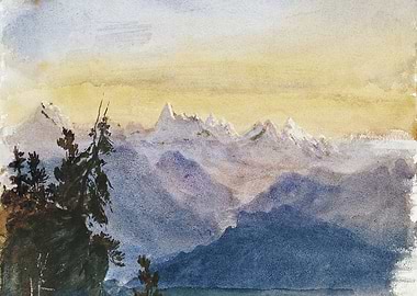 Watercolor Mountain Landscape with Trees