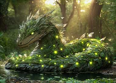 Moss Dragon in Forest with Fairies