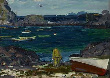 Coastal Scene with Boats and Fisherman