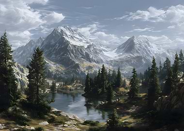 Mountain Lake Landscape with Pine Trees