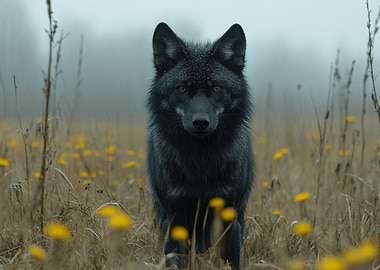 Black Wolf in Meadow