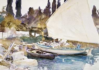 Watercolor Painting of Boats on Shore