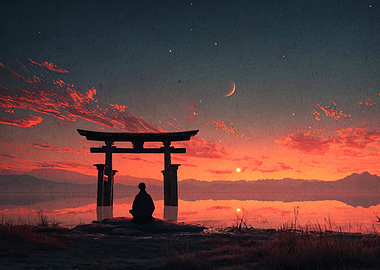 Meditating Figure at Torii Gate Sunset