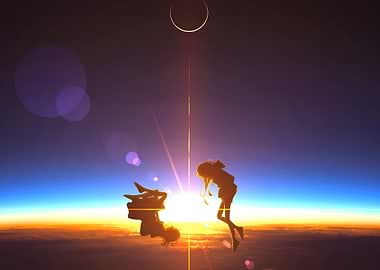 Anime Girls Silhouette Sunset Eclipse
