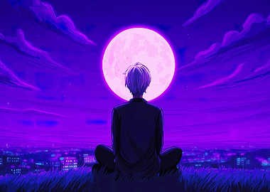 Anime Boy Meditating Under the Moon