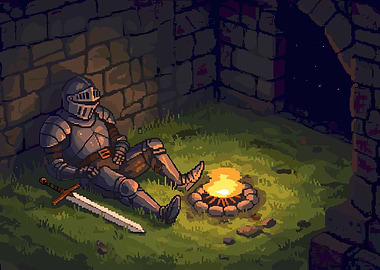 Resting Knight by Campfire Pixel Art