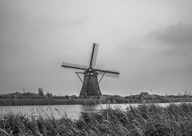 Black and White Windmill Landscape