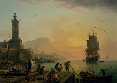 Harbor Scene with Lighthouse and Ship