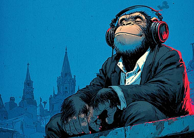 Chimpanzee in Suit with Headphones