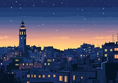 Pixel Art Cityscape at Night