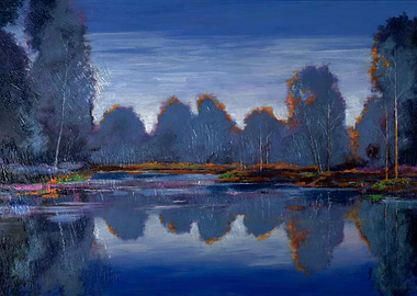 Blue Landscape Painting with Lake Reflection
