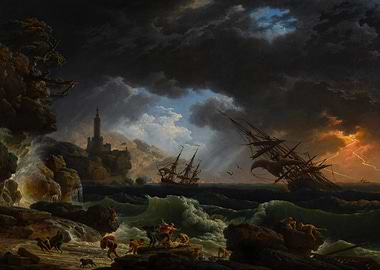 Shipwreck Scene with Lighthouse and Figures