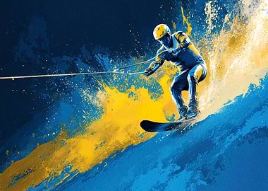 Wakeboarding Action Art in Blue and Yellow