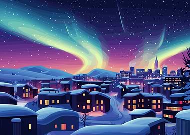 Winter Night Cityscape with Aurora Borealis
