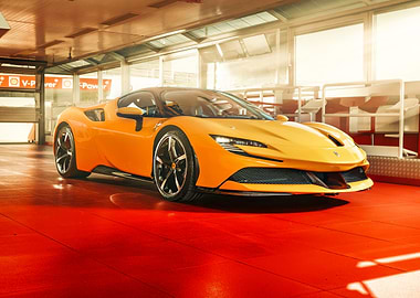 Yellow Ferrari SF90 Stradale in Garage