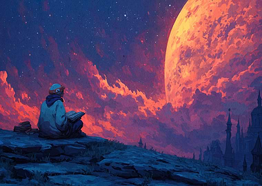 Night Reader Under a Giant Moon