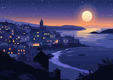Nighttime Coastal Village Illustration