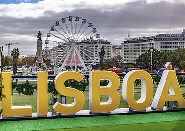 Lisboa Sign with Ferris Wheel Backdrop