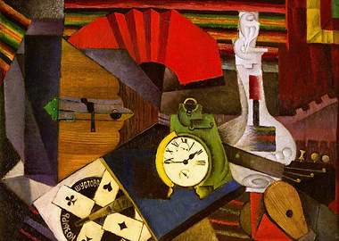 Cubist Still Life with Clock and Cards, diego rivera paintings