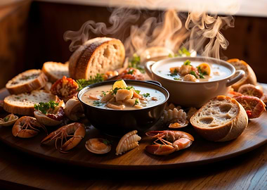 Seafood Chowder with Bread and Shrimp