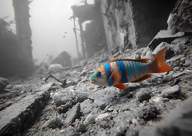 Striking Fish in Monochrome Underwater Ruins