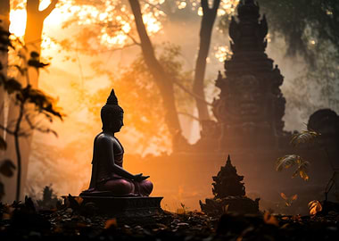 Buddha Statue in Forest at Sunset