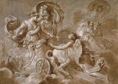 Classical Chariot Scene Sepia Drawing