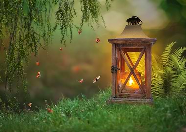 Lantern with Ladybugs in Enchanted Forest