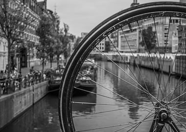 Amsterdam Canal Bicycle Wheel Black and White