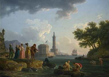 Seascape with Lighthouse and Figures Painting