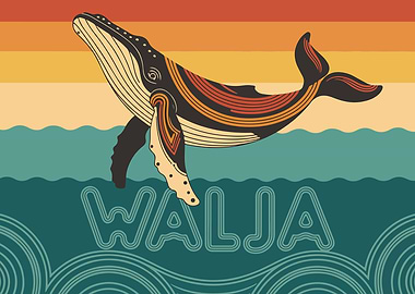 Whale Illustration with Retro Sunset
