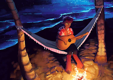 Satyr Relaxing with Guitar by Campfire