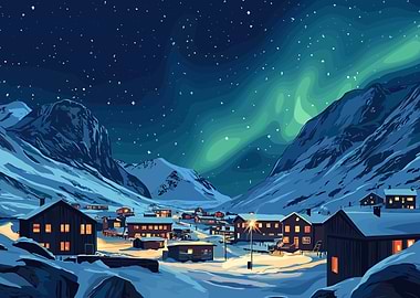 Winter Village Under Aurora Borealis