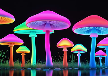 Glowing Neon Mushrooms in Dark Landscape