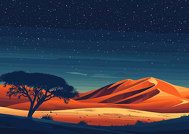 Desert Landscape with Tree and Stars