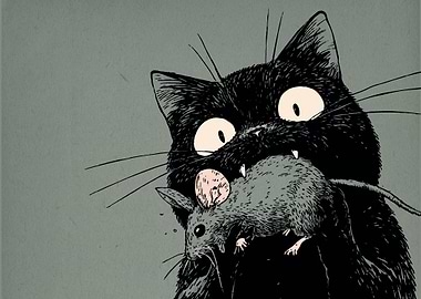 Black Cat with Mouse Illustration