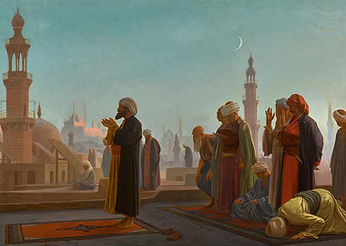 Muslims Praying at Sunset Painting