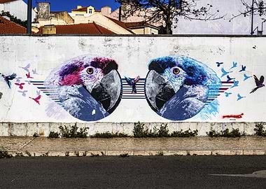 Parrot Graffiti Art on Urban Wall in Lisbon
