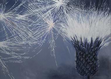 Thistle Painting with Abstract White Bursts