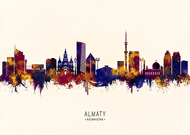 Almaty Kazakhstan Skyline Watercolor Silhouette
