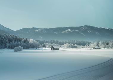 Winter Landscape with Cabin and Mountains