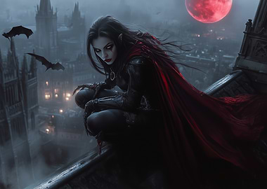 Vampire on Rooftop with Red Moon
