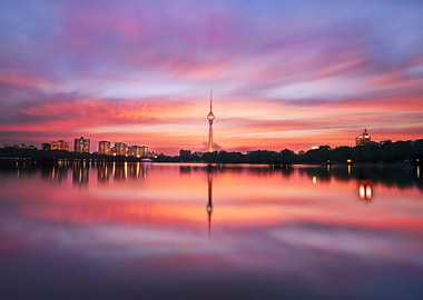 beijing skyline at sunset reflection