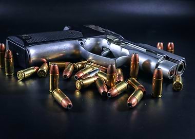 Silver Handgun with Ammunition on Black