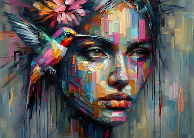 Colorful Woman Portrait with Hummingbird Painting